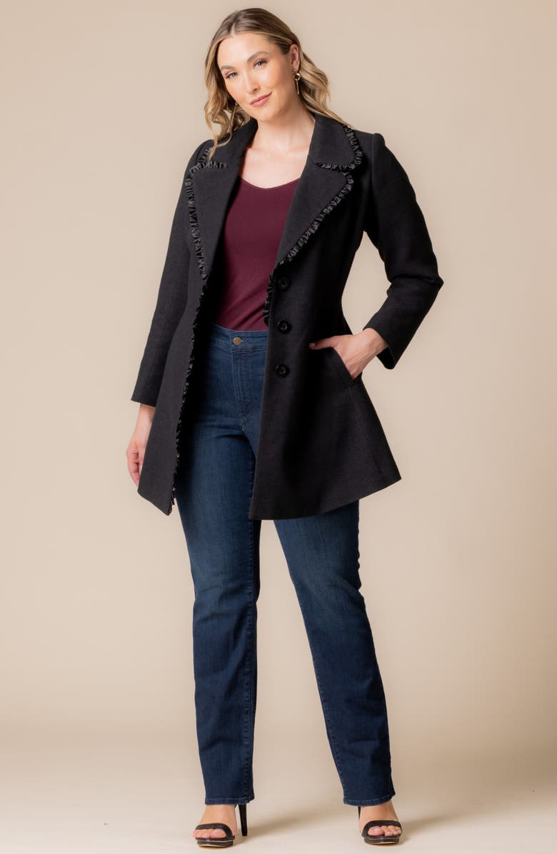 Kiyonna Juliette Satin Trim Princess Seam Coat, Alternate, color, Black Noir