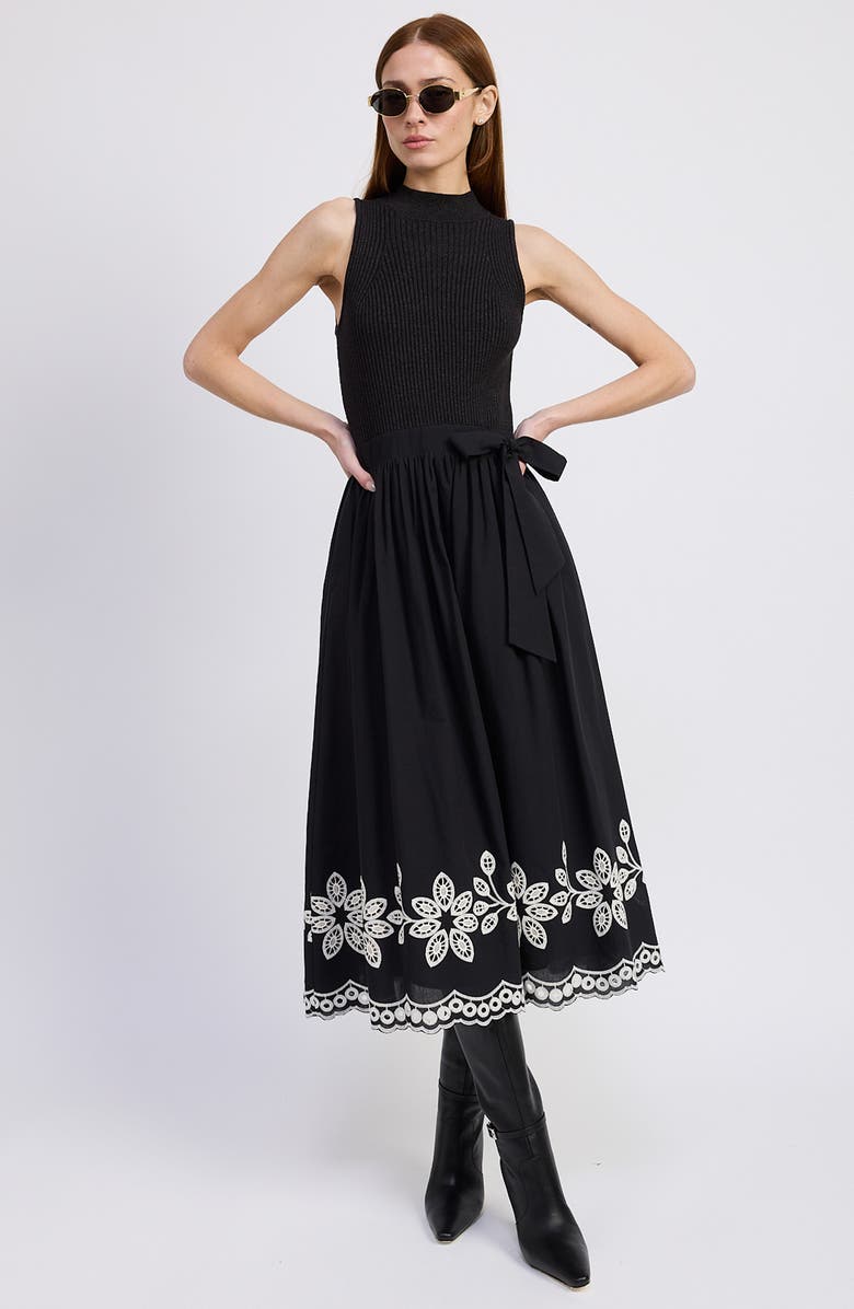 En Saison Isidora Embroidery Detail Mixed Media Midi Dress, Alternate, color, Black