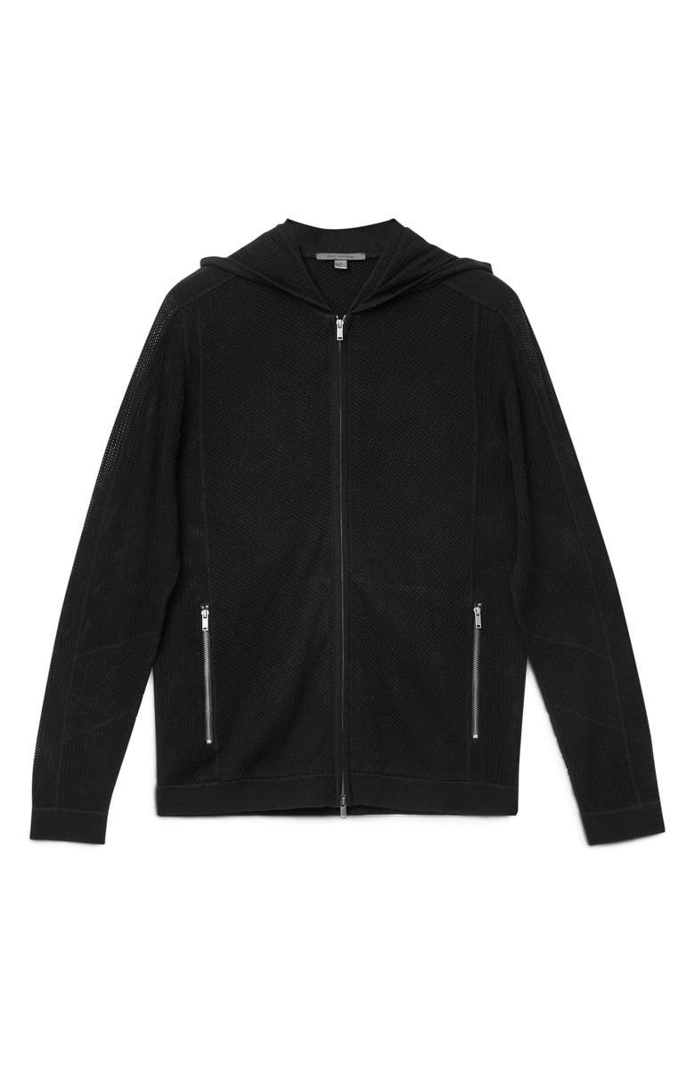 John Varvatos Lazo Full Zip Mesh Sweater Hoodie, Alternate, color, Black
