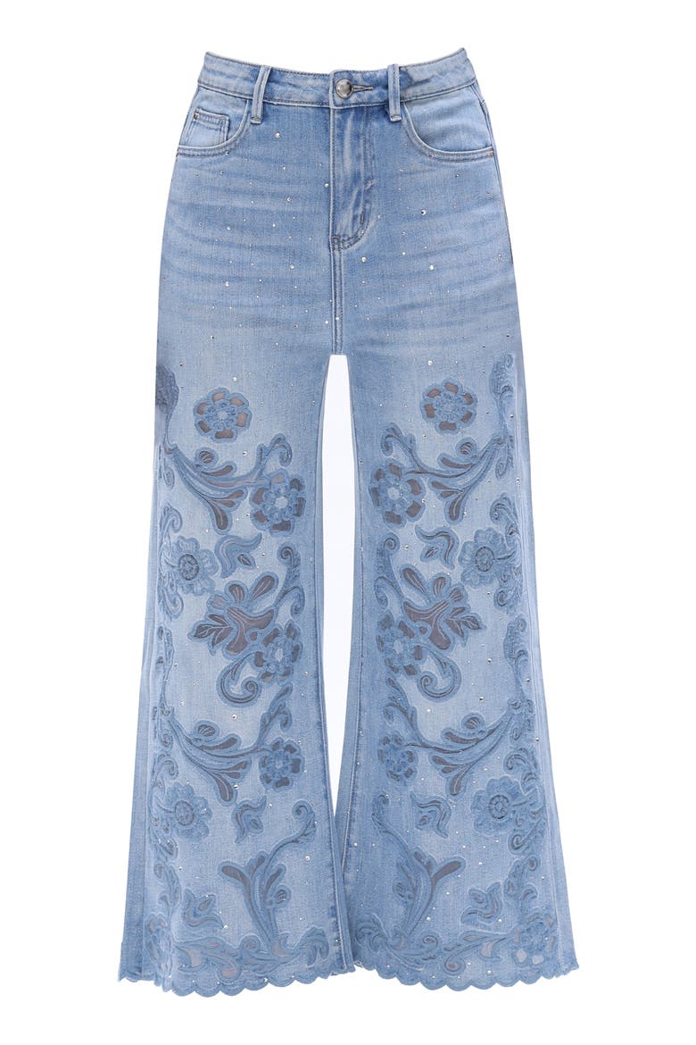 Rhinestone Floral Embroidered High Waist Wide Leg Jeans, Alternate, color, LIGHT BLUE