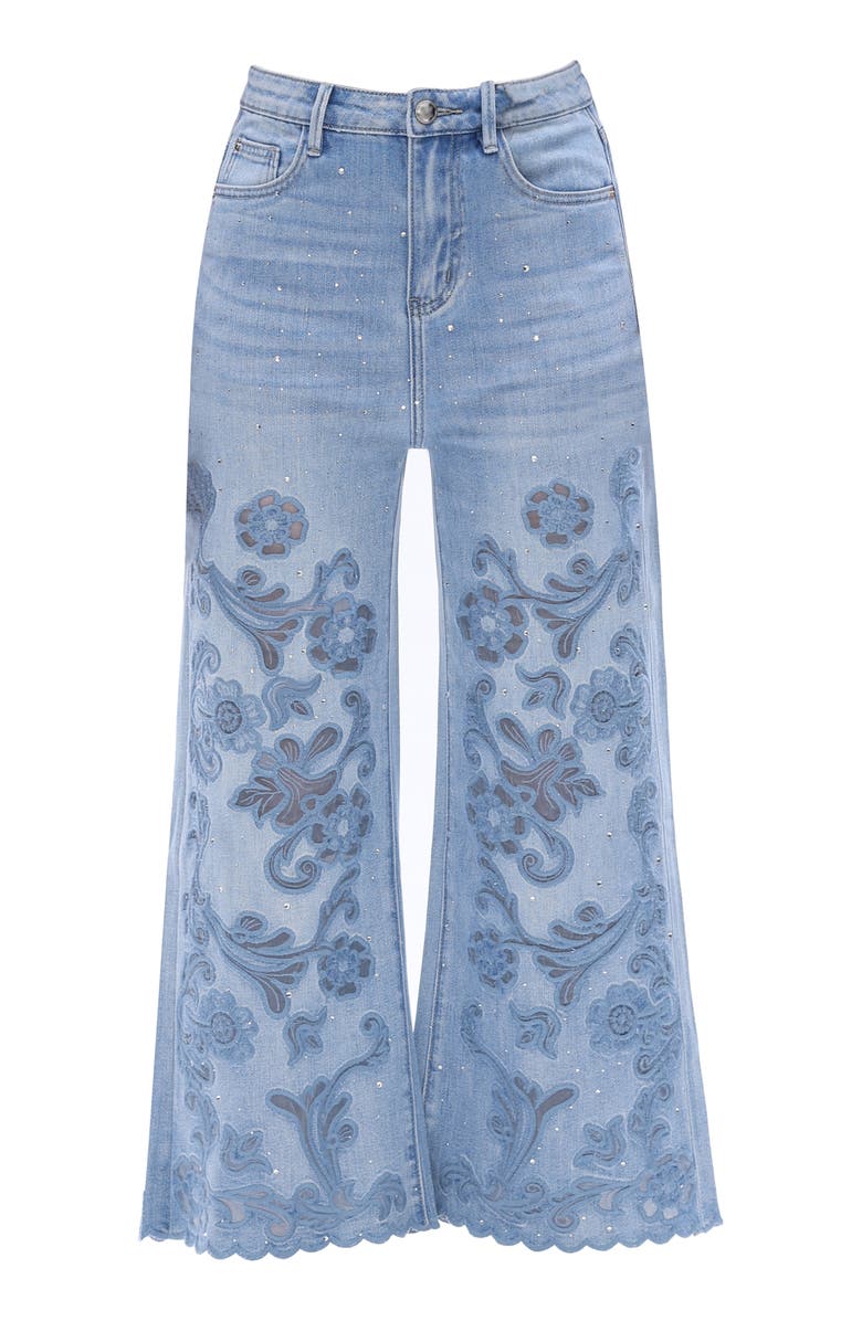 Bayeas Rhinestone Floral Embroidered High Waist Wide Leg Jeans, Alternate, color, Light Blue