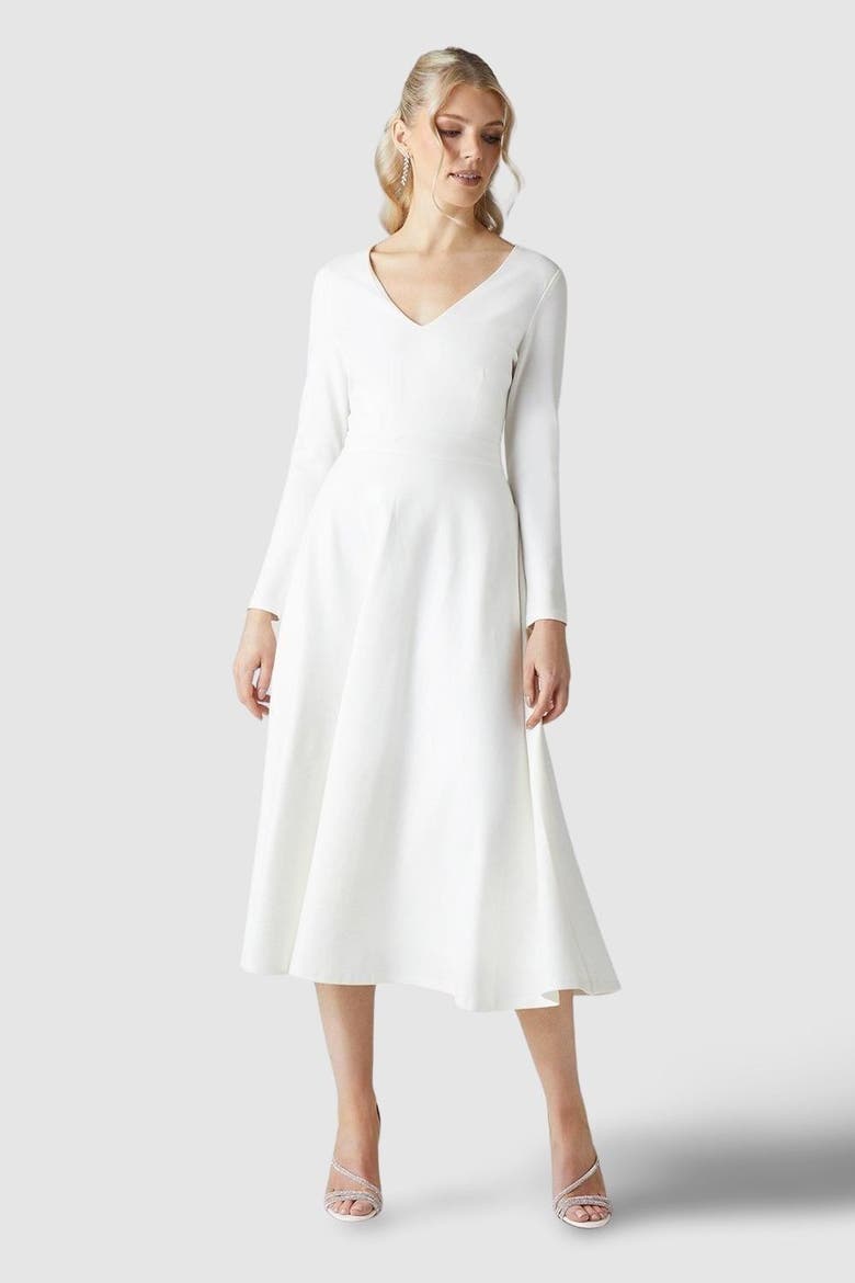 V Neck Full Skirt Midi Wedding, Alternate, color, Ivory