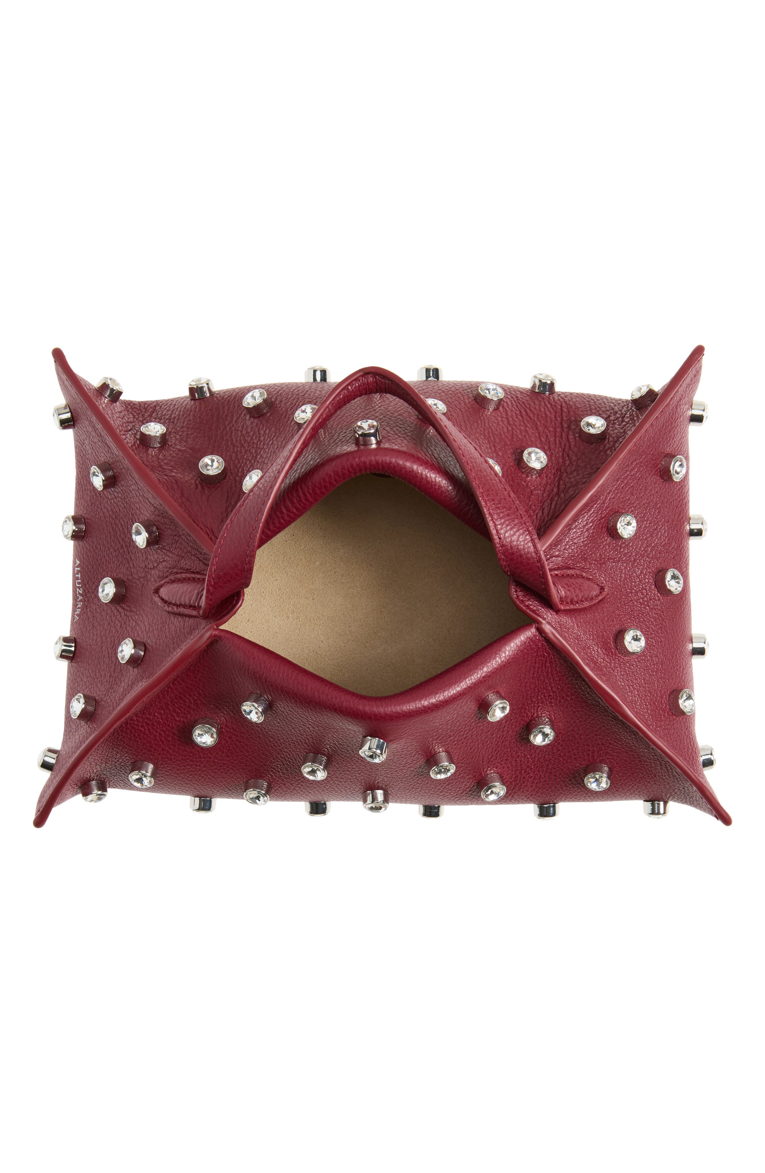 Origami Embellished Leather Baguette Bag, Alternate, color, GRENACHE / CRYSTAL