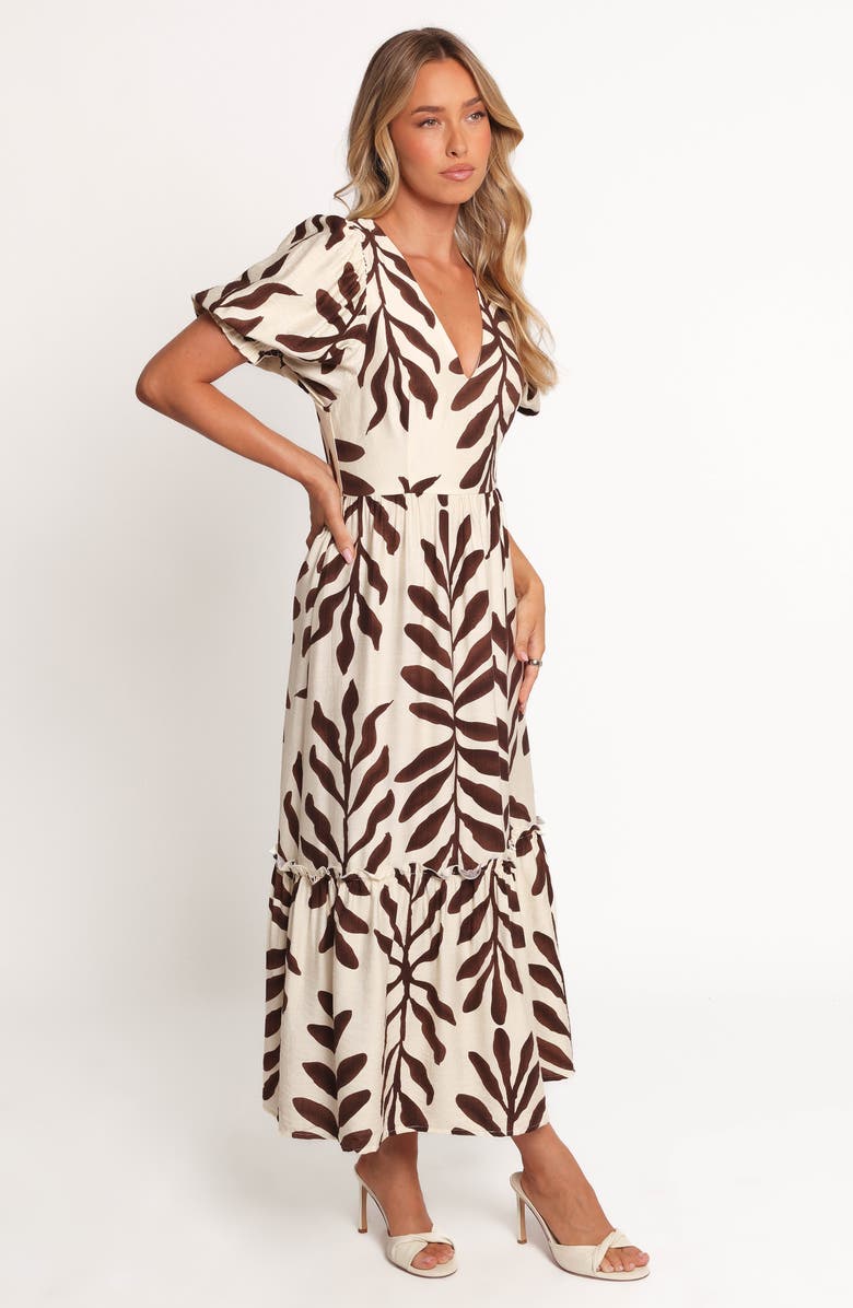 Petal & Pup Steele Puff Sleeve Tiered Midi Dress, Alternate, color, Brown Palm