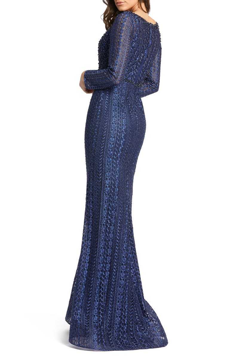 Mac Duggal Embroidered Long Sleeve V Neck Trumpet Gown, Alternate, color, Midnight