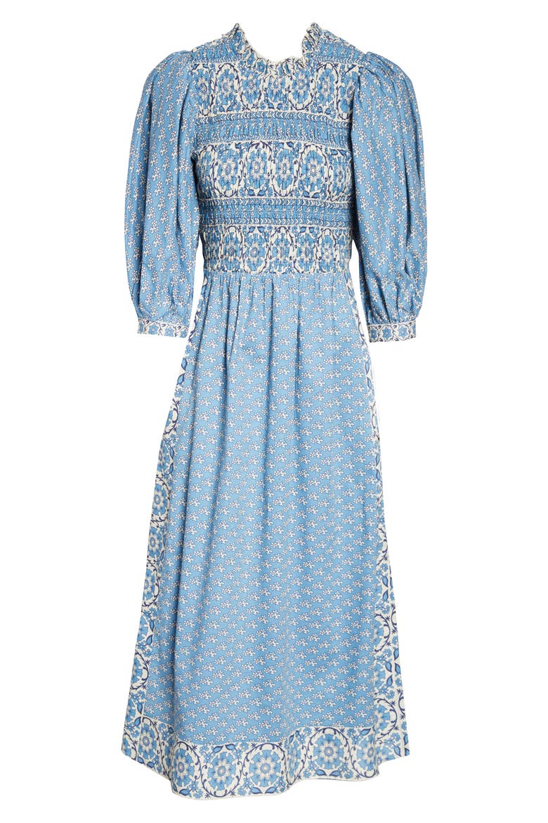 Fernanda Puff Sleeve Smocked Cotton Dress, Alternate, color, BLUE