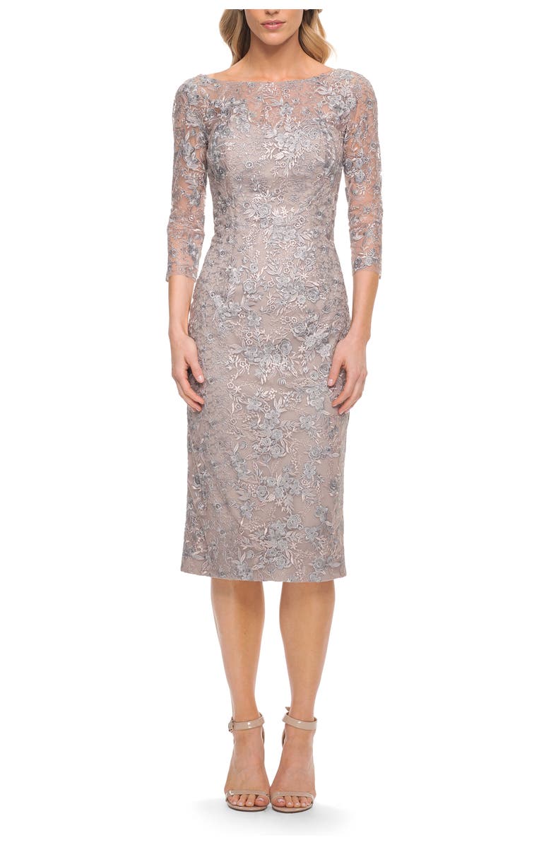 La Femme Fitted Lace Short Dress with Illusion Sleeves, Main, color, Silver/Mauve