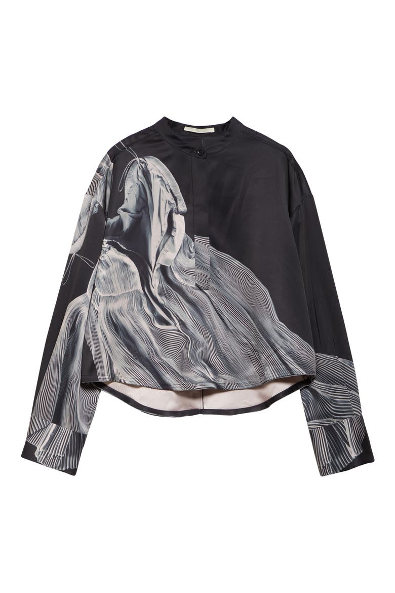 Oversize Dancing Pleat Print Satin Popover Shirt, Alternate, color, BLACK / LIGHT PINK MULTI