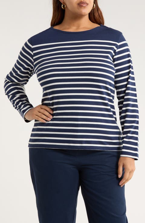 Sailor Stripe Long Sleeve Organic Cotton T-Shirt (Plus)