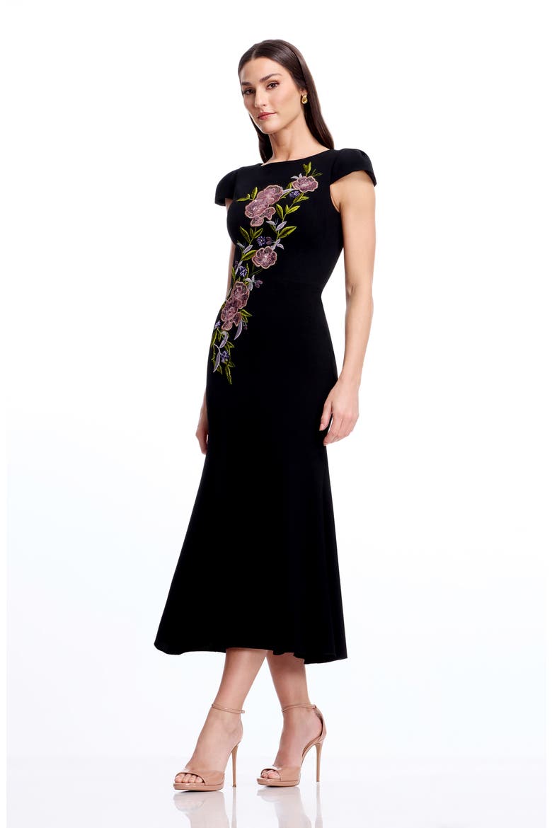 Sheryl Floral Appliqué Midi Cocktail Dress, Alternate, color, BLACK MULTI