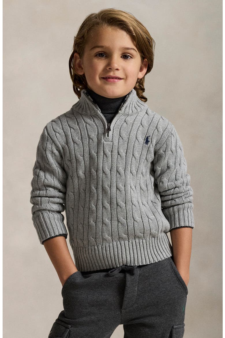 Kids' Cotton Cable Knit Quarter Zip Sweater, Alternate, color, ANDOVER HEATHER
