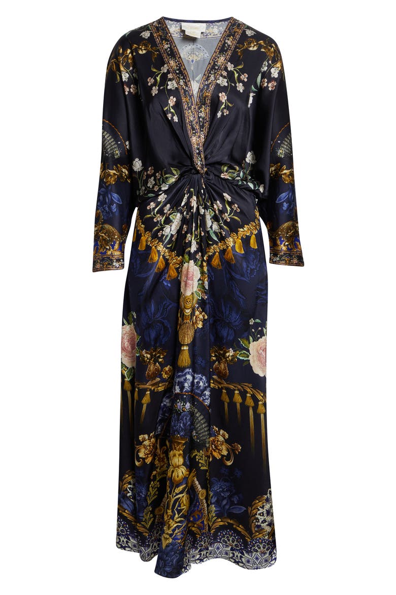 Twist Front Batwing Long Sleeve Silk Maxi Dress, Alternate, color, NOTES FROM THE BLUE ROOM