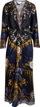 Camilla Twist Front Batwing Long Sleeve Silk Maxi Dress