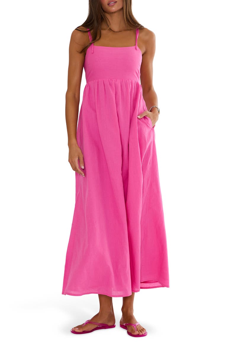 Valory Tie Strap Cotton & Linen Cover-Up Maxi Dress, Main, color, PEONY PINK