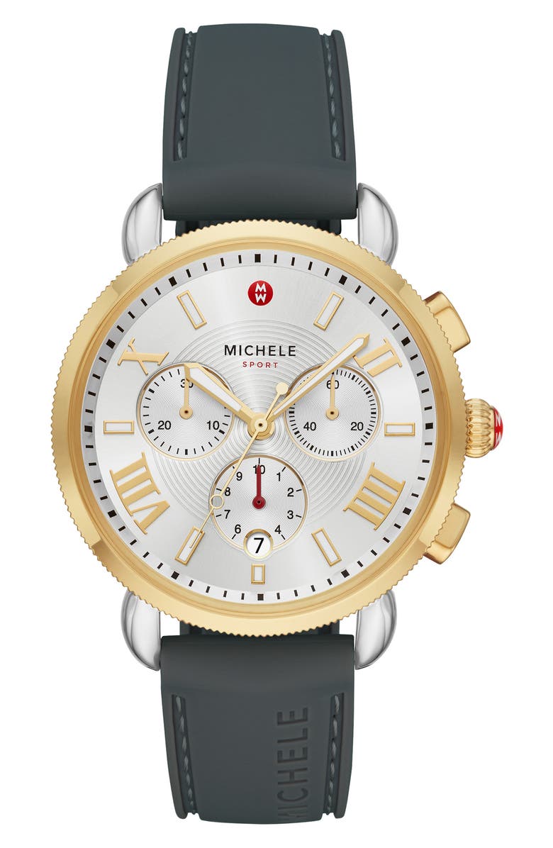 MICHELE Sport Sail Chronograph Watch Head with Silicone Strap, 38mm, Main, color,
