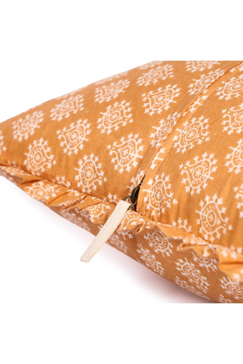 Block-Printed Pillow Cover with Ruffled Cotton and Hidden Zipper, Alternate, color, Marigold Honey