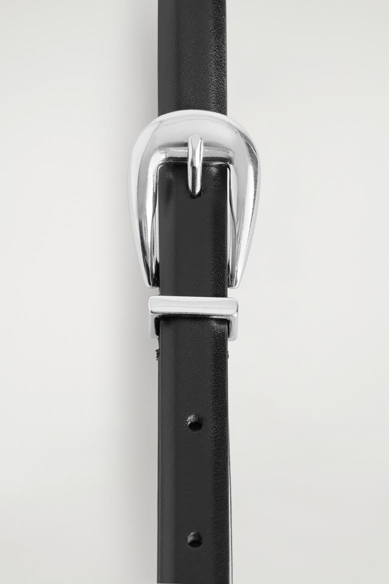Sculpted-buckle Leather Belt, Alternate, color, BLACK / SILVER
