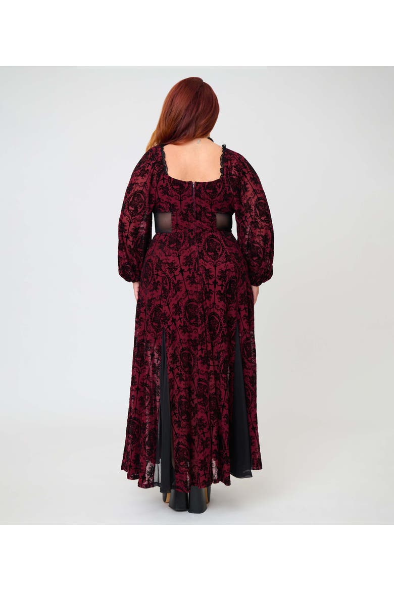 Plus Size Sheer Spiderweb Godet Maxi Dress, Alternate, color, Red Swirling Floral Print