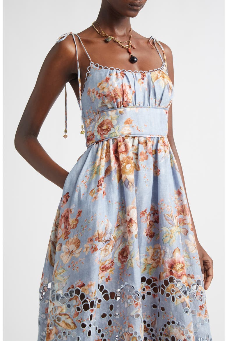 Awaken Picnic Eyelet Embroidered Linen Sundress, Alternate, color, CHAMBRAY FLORAL