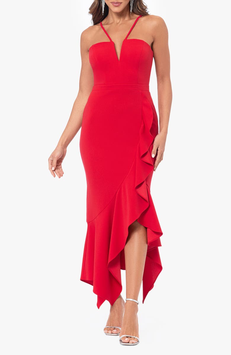 Xscape Evenings Deep V-Neck Handkerchief Hem Cocktail Dress, Main, color, 