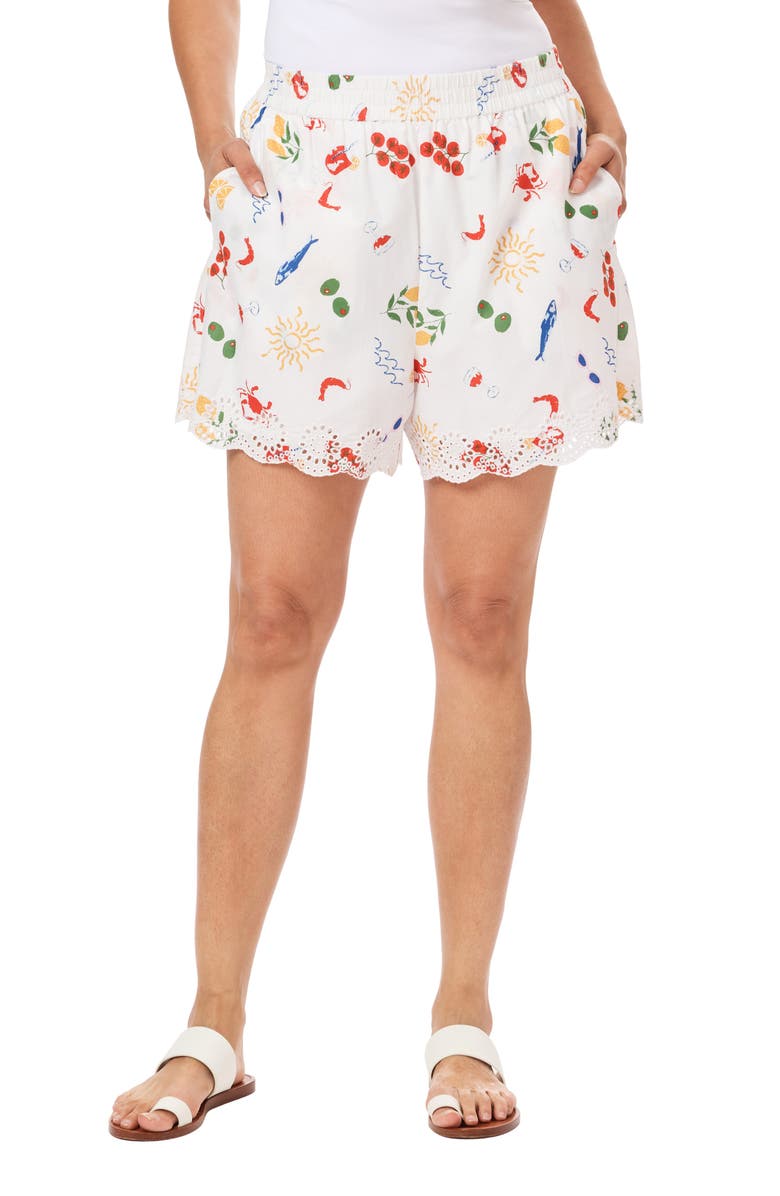 C & C California Embroidered Cotton Shorts, Alternate, color, Sugar Swizzle Conversational