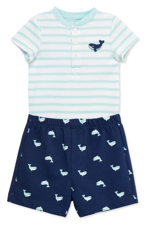 LITTLE ME LITTLE ME STRIPE WHALE EMBROIDERED COTTON BODYSUIT & SHORTS SET 