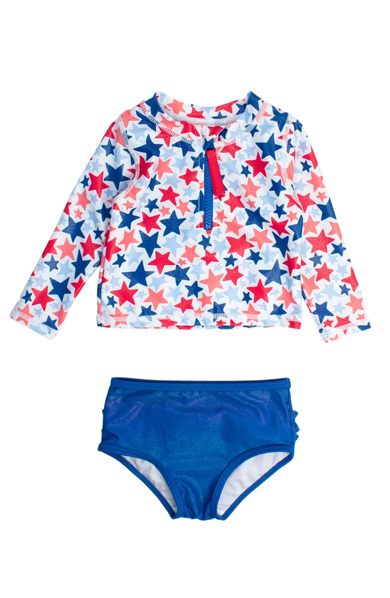 RuffleButts Girls UPF50+ Long Sleeve Zipper Rash Guard 2-Piece, Main, color, Shimmer Star-Spangled