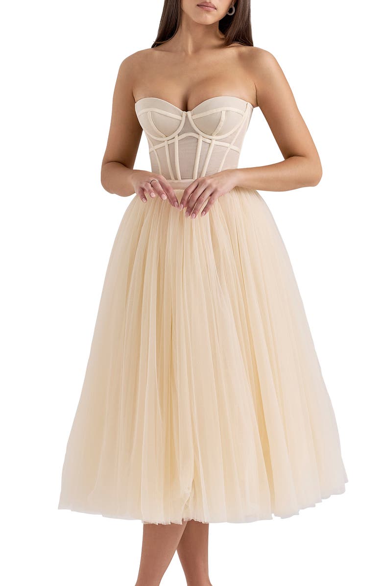 HOUSE OF CB Darling Strapless Tulle Midi Dress, Alternate, color, Vintage Cream
