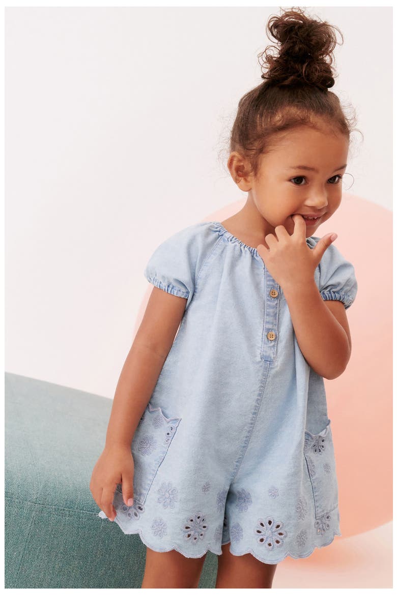 Kids' Eyelet Cotton Denim Romper, Alternate, color, BLUE DENIM