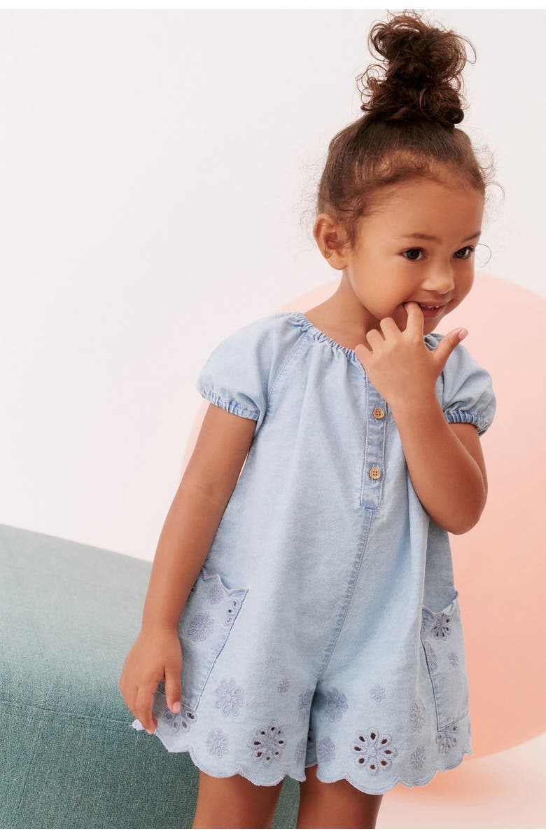 NEXT Kids' Eyelet Cotton Denim Romper, Alternate, color, 