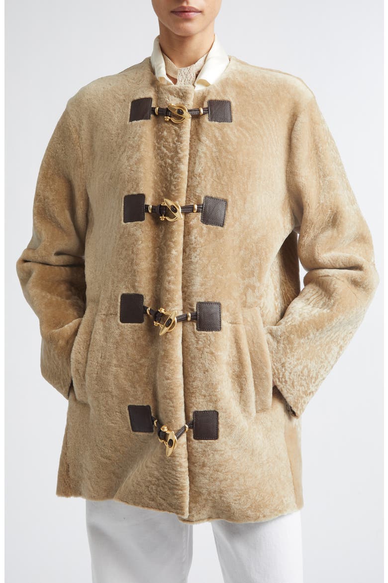 Collarless Genuine Shearling Coat, Alternate, color, SAND