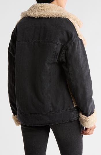 Oversize Faux Shearling & Black Denim Jacket