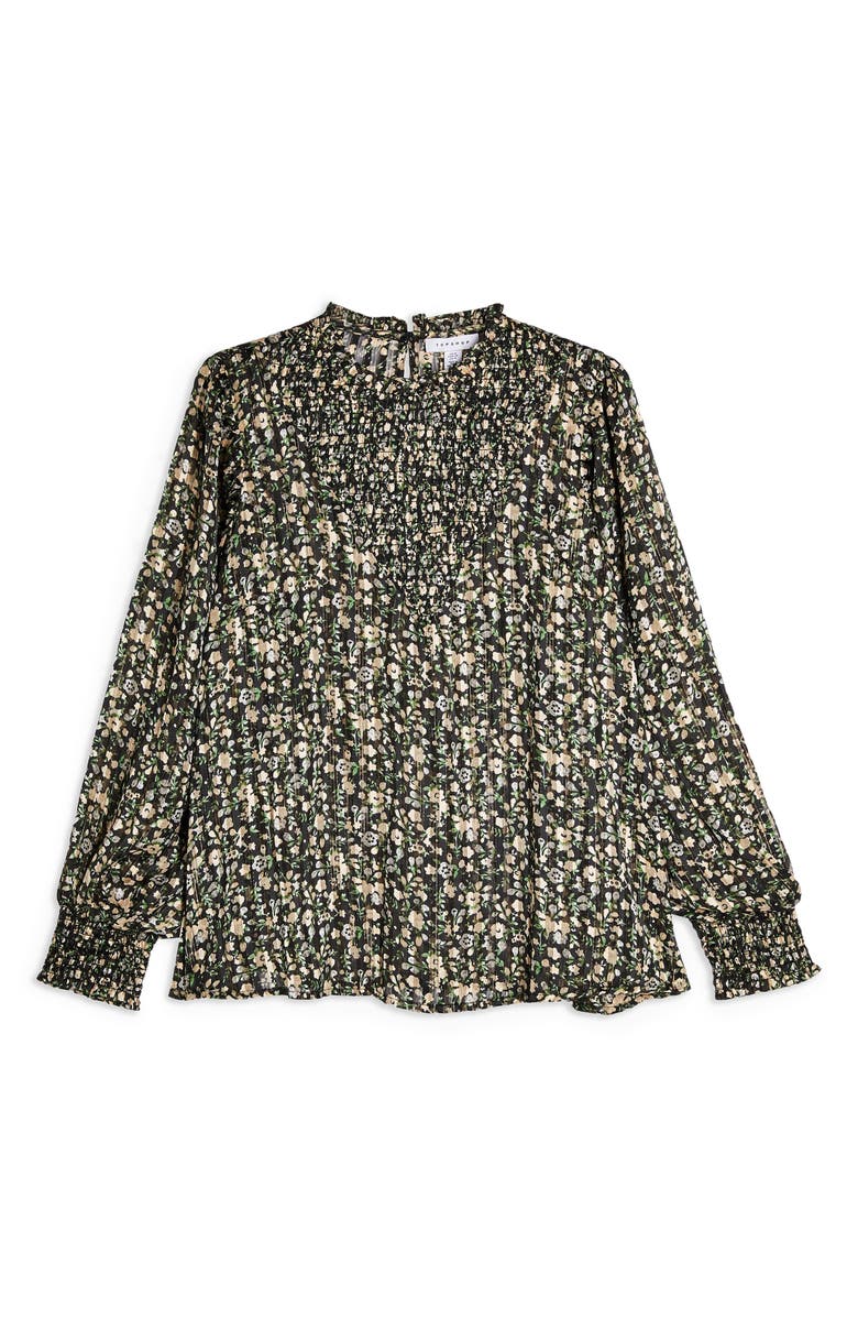 Topshop Metallic Floral Smocked Top, Alternate, color, 