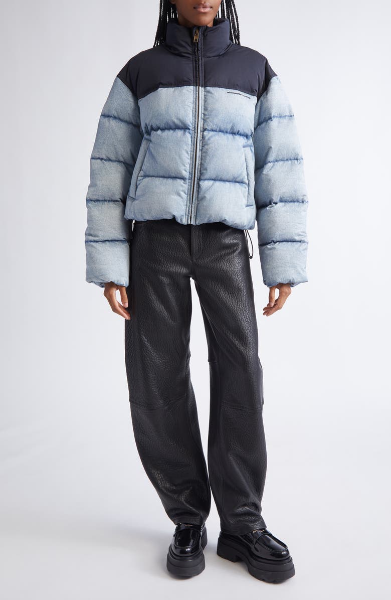 Alexander Wang Denim Print Down Puffer Jacket, Alternate, color, Light Distressed Blue/ Black