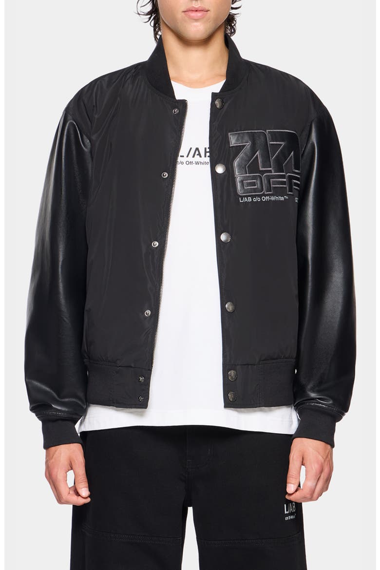 Off Active Leather Sleeve Bomber Jacket, Main, color, BLACK