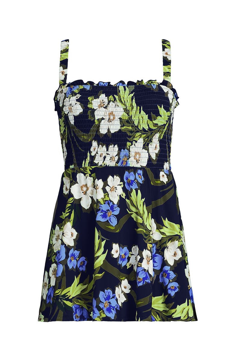 Lands' End Womens Square Neck Smocked Mini Swim Dress, Alternate, color, Deep Sea/Blue Floral Tropic