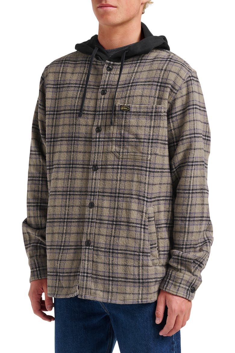 Sandbar Hooded Plaid Cotton Flannel Button-Up Shirt, Alternate, color, FALLEN ROCK