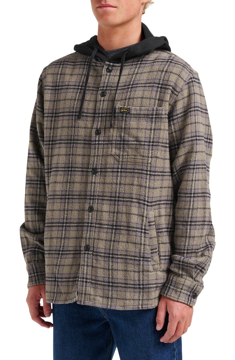 Quiksilver Sandbar Hooded Plaid Cotton Flannel Button-Up Shirt, Alternate, color, Fallen Rock