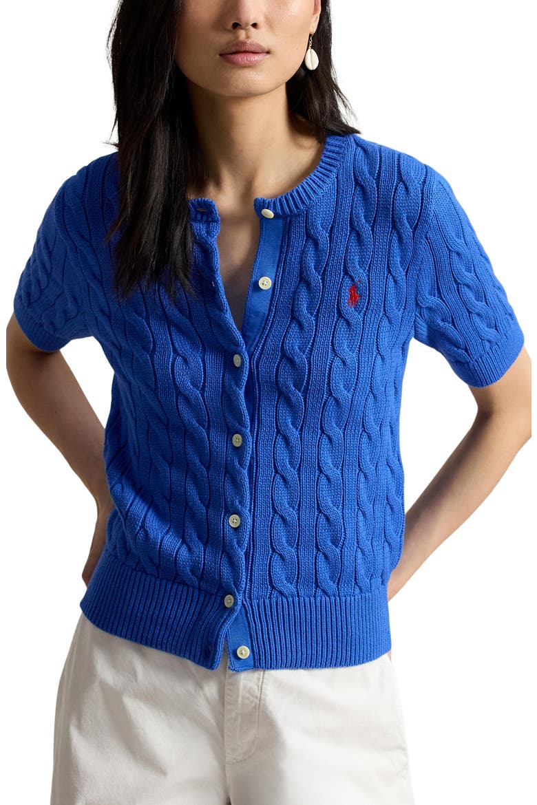 Short Sleeve Cable Stitch Cardigan, Main, color, GALA BLUE