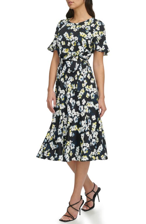 Shop Dkny Floral Godet Sleeve Fit & Flare Dress In Navy/lemon