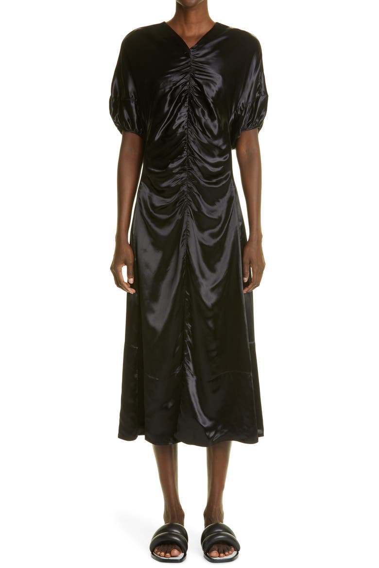 Puff Sleeve Ruched Satin Midi Dress, Main, color, BLACK