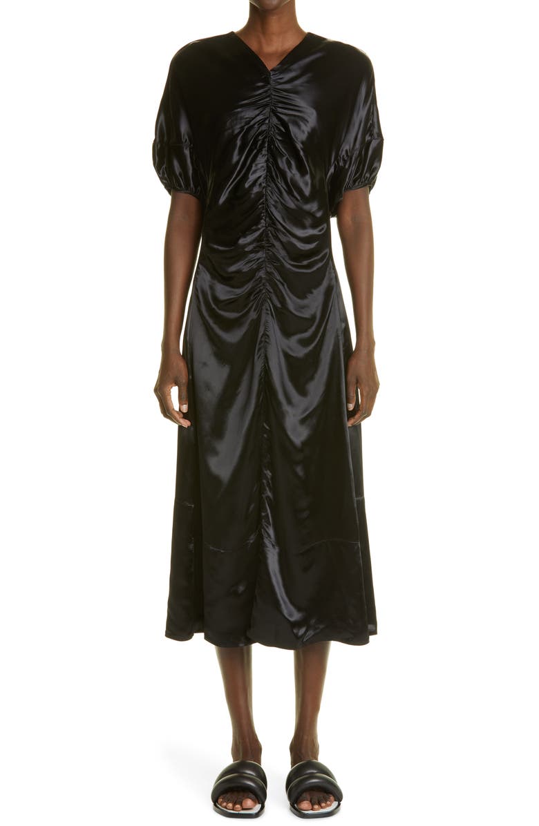 Proenza Schouler Puff Sleeve Ruched Satin Midi Dress, Main, color,