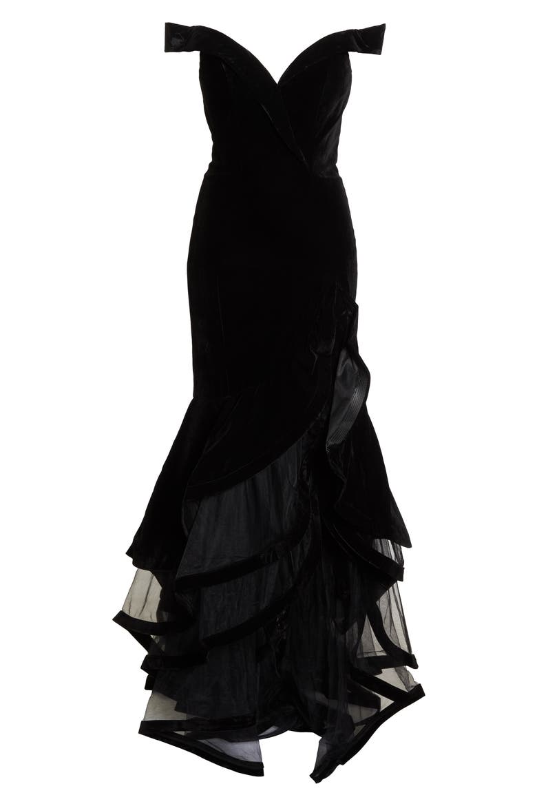 Off the Shoulder Tiered Ballgown, Alternate, color, BLACK