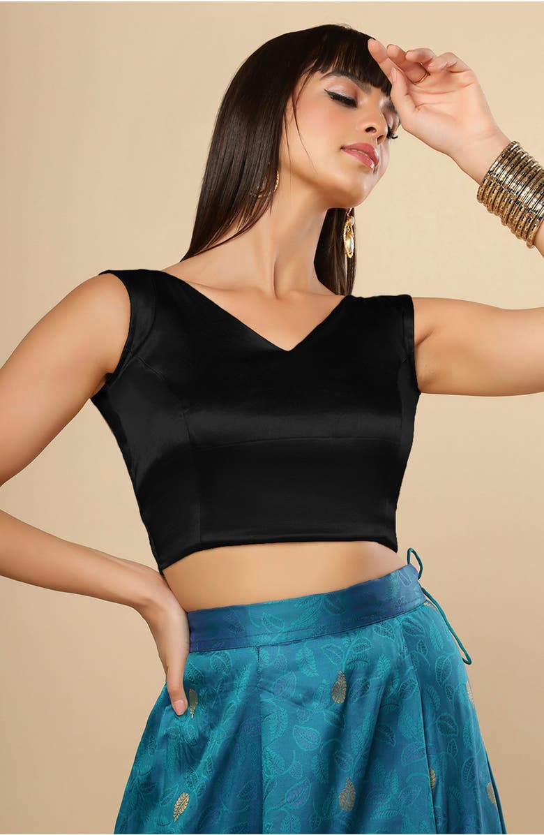 One Minute Saree<sup>®</sup> Amiya Black Satin Comfort Stretch V Neck Sleeveless Blouse for women, Main, color, Black