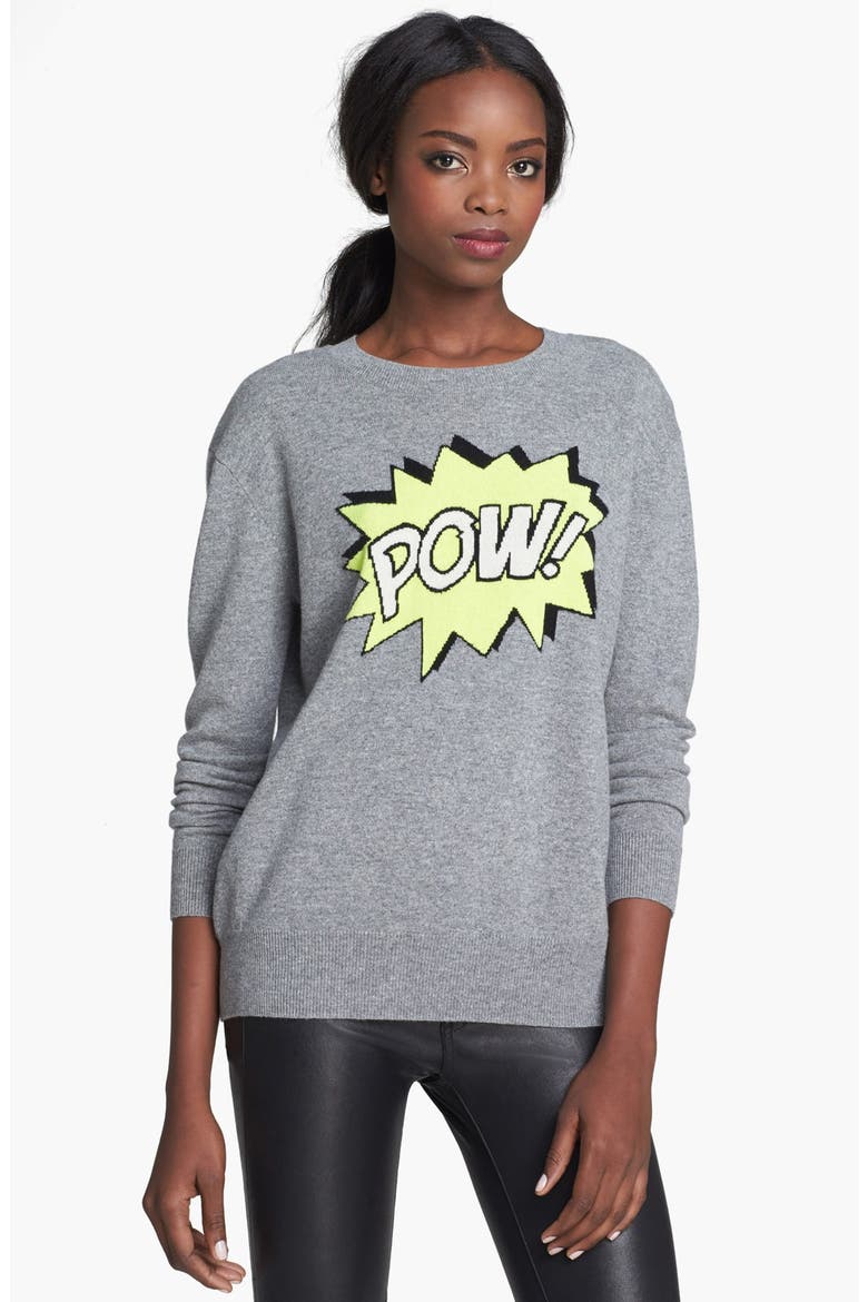 'Pow' Intarsia Knit Boyfriend Sweater, Main, color, CEMENT/ DAY GLOW/ MULTI