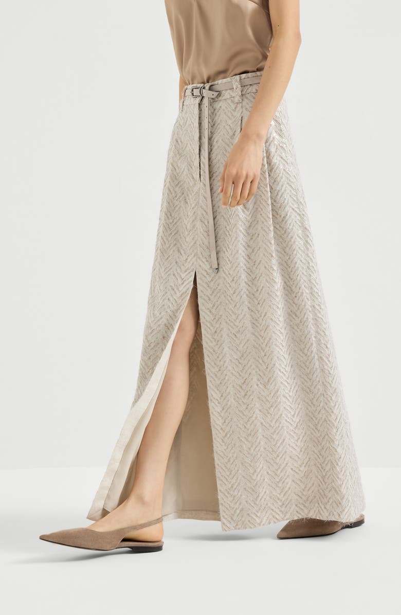 Brunello Cucinelli Dazzling chevron embroidery skirt, Alternate, color, Beige