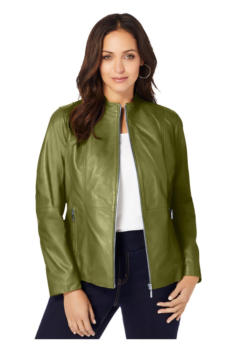Zip Front Leather Jacket, Main, color, MOSS GREEN