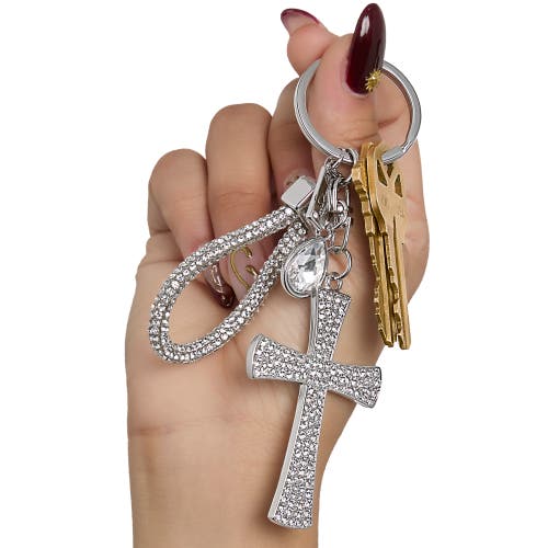 Jessica Simpson Elegant Rhinestone Cross Keychain In Metallic