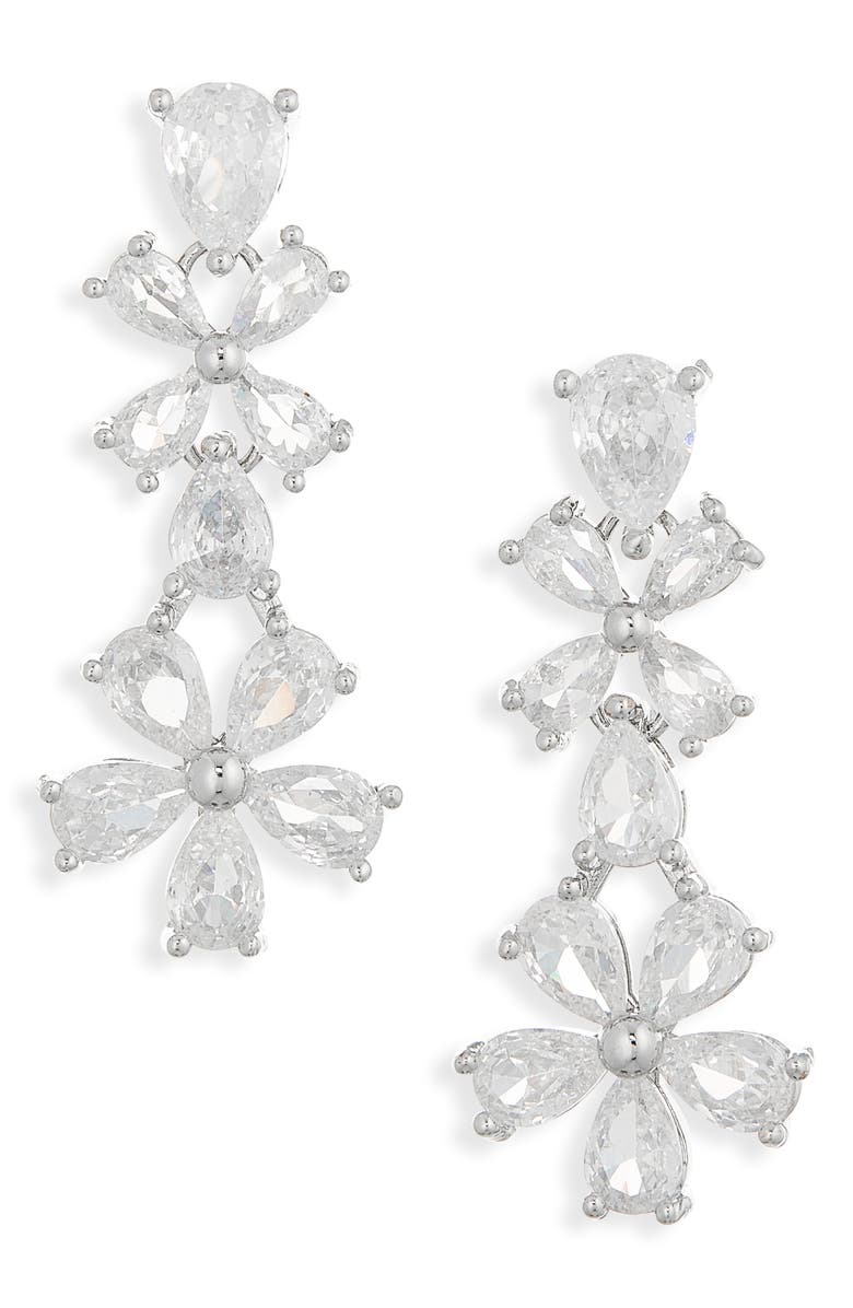 Cara Chunky Flower Crystal Drop Earrings, Main, color, Silver