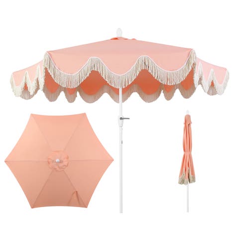 Collins 9 ft. Classic Cottage Fringe Tassel Market Patio Umbrella with Auto-Tilt Crank